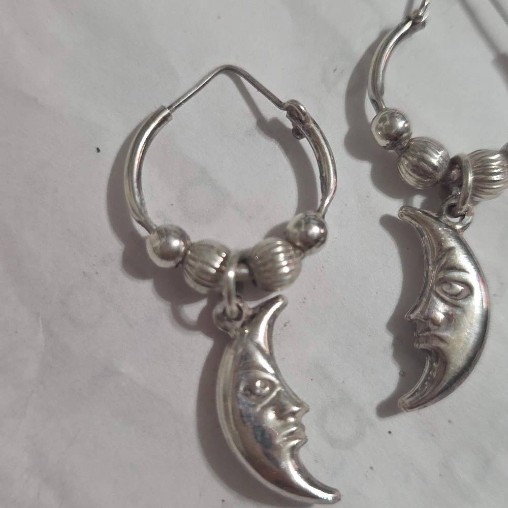 Vintage 925 Moon Hoop Earrings - Picture 3 of 9